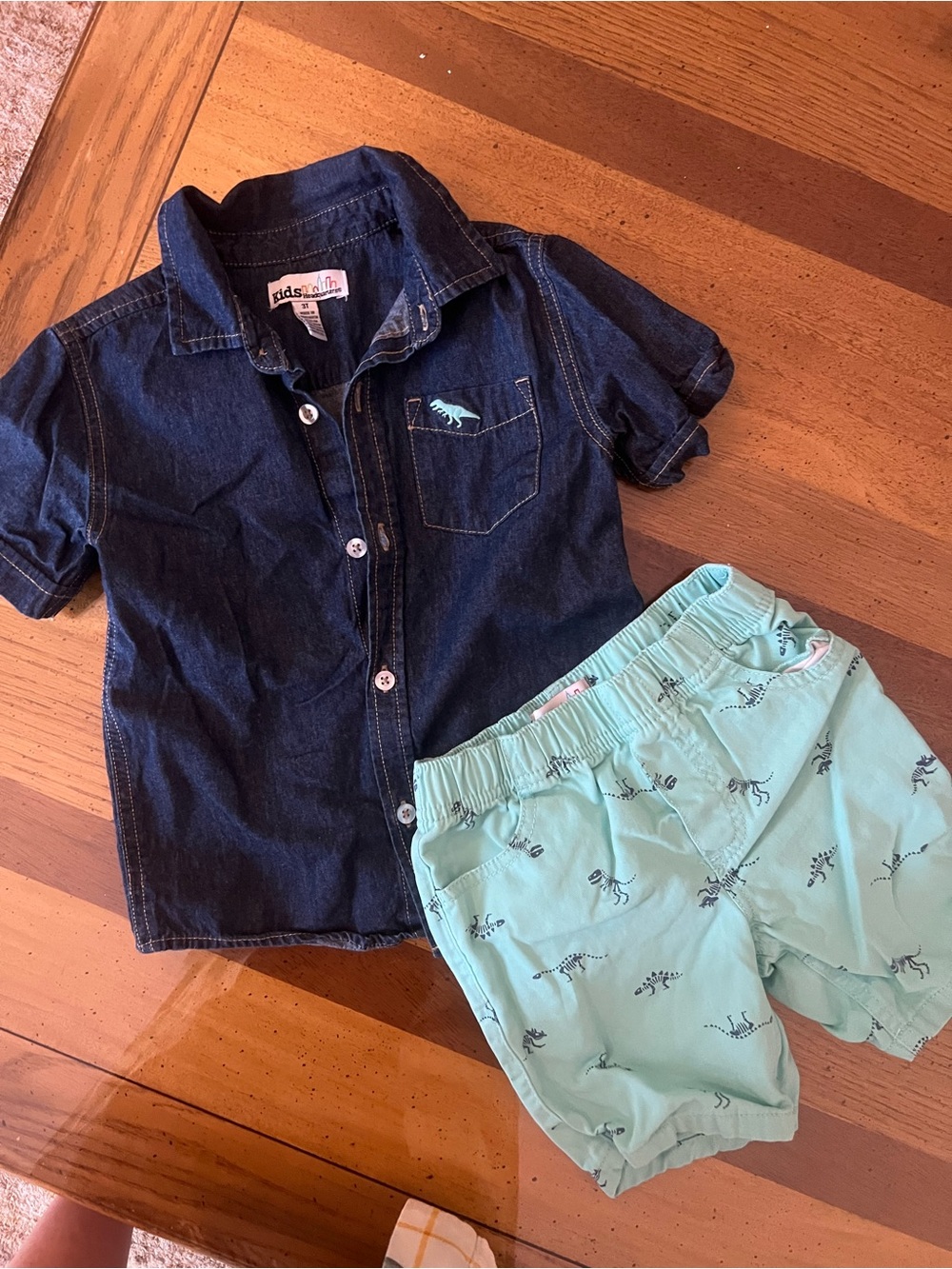 Kids Headquarters Dark Denim Shirt & Mint Dino Shorts Set